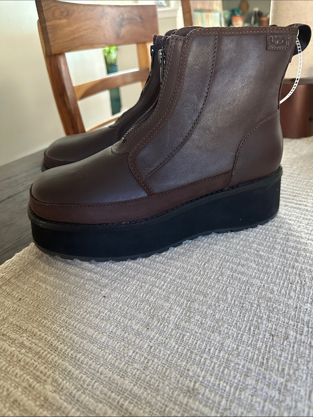 UGG Dark Brown Leather Platform Zip Booties with Black Sole